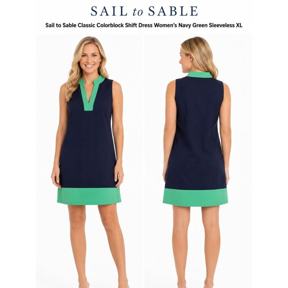 Sail to Sable Classic Colorblock Shift Dress Women’s Navy Green Sleeveless XL